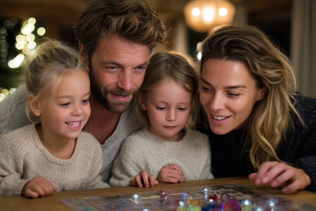 Four family members gather around a table, engaged in a cheerful board game while celebrating the holidays.の素材