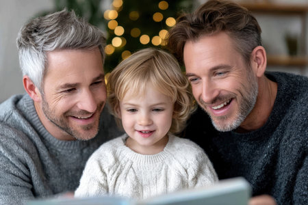 Two adults and a child share smiles while reading a book in a festive living room filled with holiday cheer.の素材