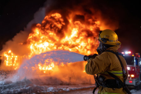 Firefighter uses a hose to spray water on a massive blaze, working diligently to control the fire's spread.の素材