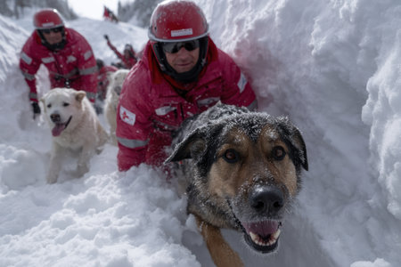 Rescue team members navigate snow while dogs assist in searching for victims of an avalanche.の素材