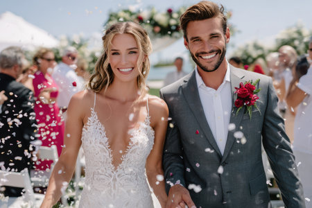 Joyful couple celebrates their wedding day surrounded by friends and family tossing flower petals in the air.の素材