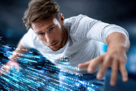 A man extends his hand toward glowing digital code while immersed in a futuristic setting.の素材