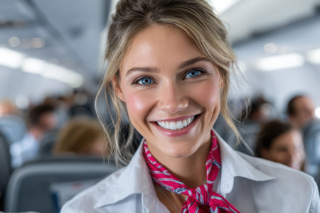 A flight attendant engages with passengers in an airplane cabin, creating a cheerful atmosphere during travel.の素材