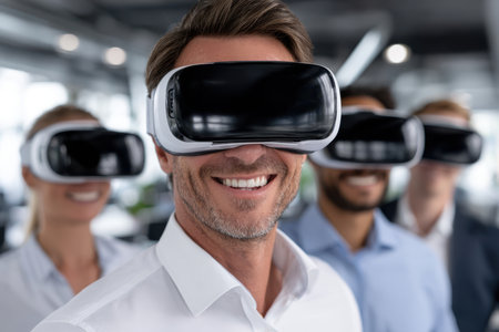 Four professionals engage with virtual reality headsets while smiling in a contemporary office setting.の素材