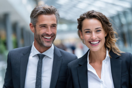 Two smiling business professionals walk together in a contemporary office setting, showing teamwork and positivity.の素材