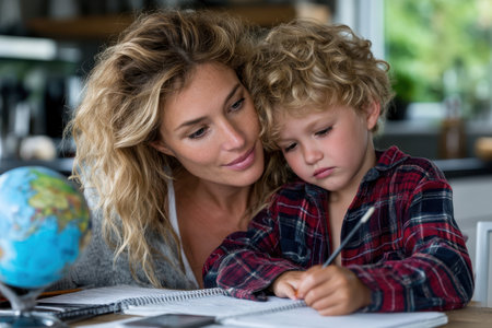 A mother supports her son while he completes homework at a kitchen table in a relaxed afternoon setting.の素材