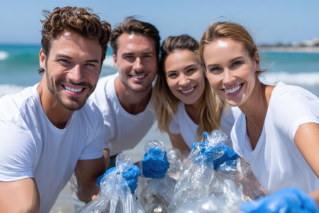 Four volunteers gather trash along the shoreline, smiling while holding bags filled with collected waste.の素材