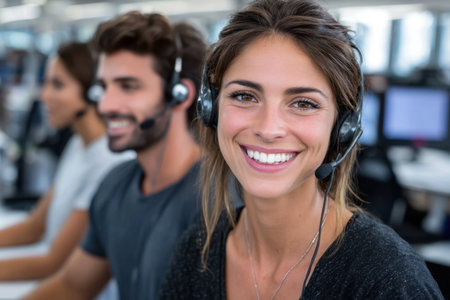 A cheerful customer service representative assists clients at a vibrant call center during working hours.の素材