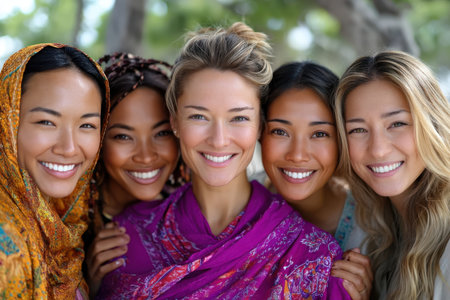 Five women pose happily, showcasing diverse styles and bright colors under natural sunlight in a joyful atmosphere.の素材