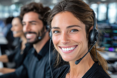 A smiling woman in a headset assists clients while colleagues work nearby in a modern office setting.の素材