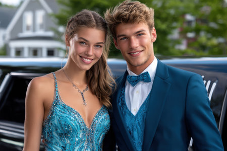 A young couple dressed in formal attire smiles confidently by a black limousine during a special occasion.の素材