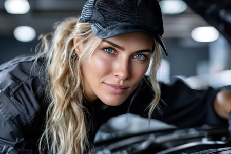 A mechanic inspects a car engine with focus and concentration in a well-lit automotive workshop.の素材