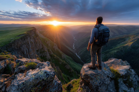 A lone hiker stands on a rocky ledge, observing a breathtaking sunset illuminating the valley below.の素材