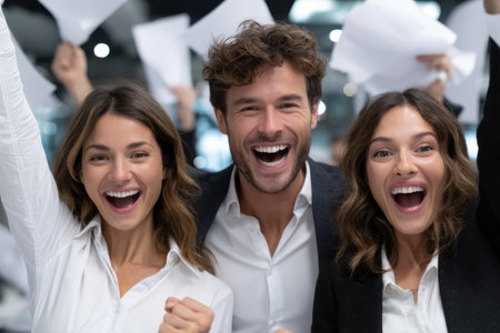 Team members express jubilation after completing a project, raising papers and smiling in a workplace.の素材