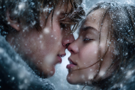 Two lovers are close together, sharing a tender moment as snowflakes gently fall around them in winter.の素材