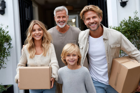 A happy family is gathered at the entrance of their home, joyfully carrying boxes and smiling together.の素材