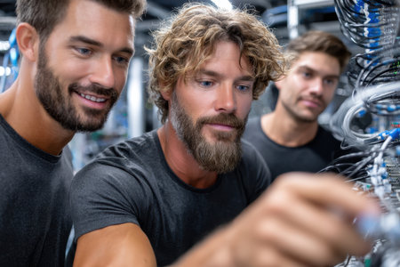 Three technicians analyze and adjust connections in a server room filled with cables and equipment.の素材