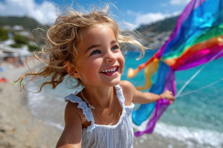A cheerful girl runs along the shoreline, holding a vibrant kite in the gentle breeze near the sea.の素材