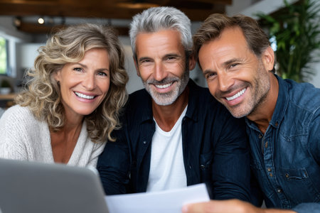 Three smiling adults collaborate on a project using a laptop in a bright, modern setting with plants nearby.の素材