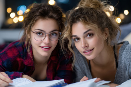 Two friends are engaged in studying, surrounded by a cozy atmosphere created by soft lights and comfort.の素材