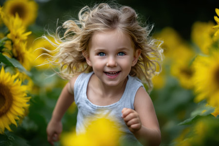 A cheerful child with curly hair runs among vibrant sunflowers, enjoying a bright summer day outside.の素材