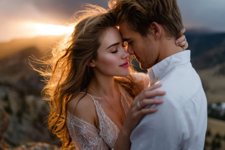 A couple shares a romantic moment with a stunning sunset backdrop in the mountains.の素材