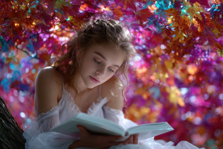 A girl sits peacefully on a tree branch, immersed in a book surrounded by vibrant autumn foliage.の素材