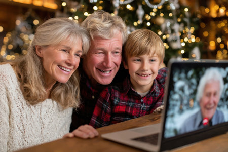 A joyful family shares smiles while video chatting during the holiday season near a decorated tree.の素材