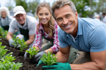 Volunteers happily plant flowers in the community garden, fostering teamwork and environmental care.の素材