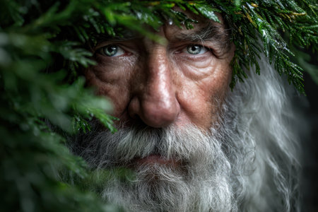 An elderly man with striking blue eyes and a long white beard stands among lush green foliage in a woodland setting.の素材