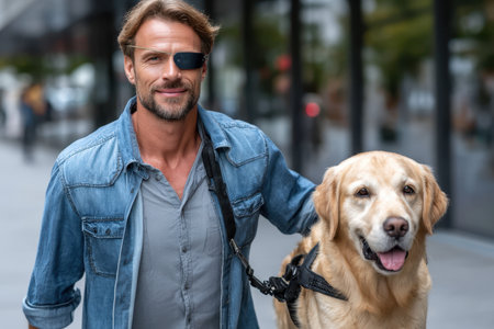 A man wearing an eye patch is walking his friendly golden retriever along a bustling city sidewalk surrounded by people.の素材