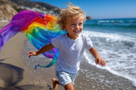 A young child plays on a sandy beach, happily running with a vibrant rainbow kite in the warm sunlight.の素材