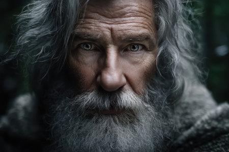 An elderly man with a striking gray beard gazes thoughtfully into the distance, surrounded by dark trees.の素材