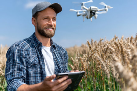 A farmer controls a drone from a tablet while surveying a vast wheat field under clear blue skies.の素材