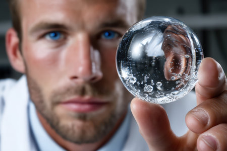 A focused scientist inspects a crystal ball filled with bubbles, showing his curiosity in a lab.の素材