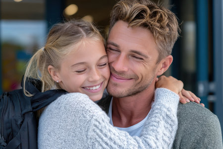 A smiling father and daughter enjoy a warm hug, showing their bond outside a school after classes.の素材
