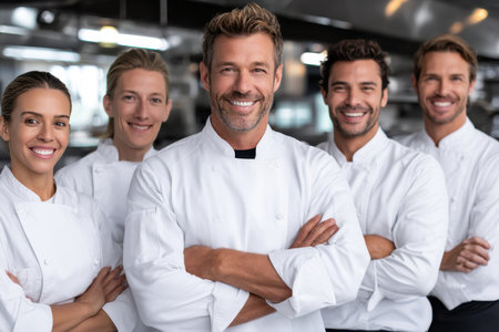 Chefs smile confidently together in a contemporary kitchen, celebrating teamwork and culinary skills.の素材