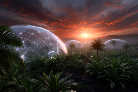 Unique transparent domes rise amid dense greenery as the sun sets, creating a breathtaking tropical atmosphere.の素材