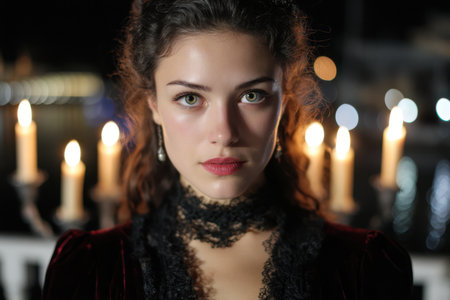 A woman stands gracefully, illuminated by candlelight, with a striking gaze against a night backdrop.の素材
