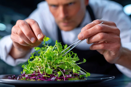 A skilled chef meticulously arranges microgreens on a plate, showcasing culinary artistry in a contemporary kitchen.の素材
