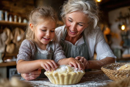 A young girl and her grandmother joyfully prepare a pie crust, surrounded by baking ingredients in a warm kitchen.の素材