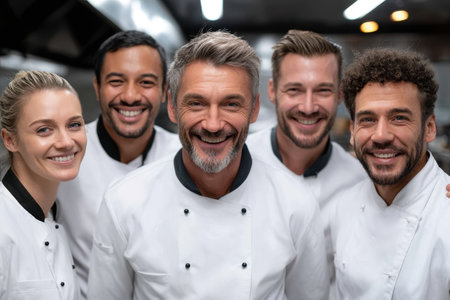 Five chefs in white uniforms show camaraderie and teamwork in a bustling kitchen environment.の素材