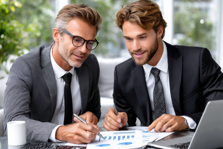 Two men in suits analyze financial charts and graphs while discussing strategies in a bright office.の素材