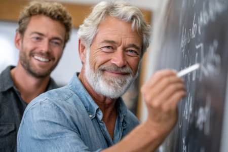 A seasoned educator writes equations on a chalkboard as a curious student observes with interest.の素材