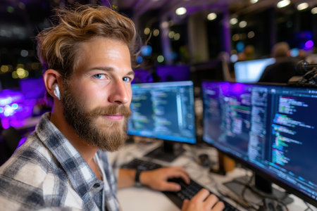 A man with a beard works focused on programming at his desk surrounded by multiple monitors in a vibrant office.の素材