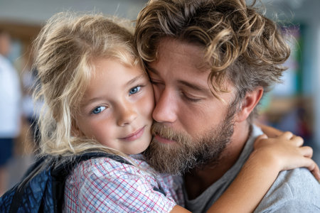 A father lovingly hugs his daughter, showing a heartfelt moment in a school environment.の素材