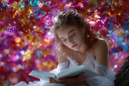 A girl sits peacefully on a tree branch, immersed in a book surrounded by vibrant autumn foliage.の素材