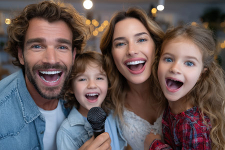 Parents and their children sing happily together during a fun karaoke night at home.の素材