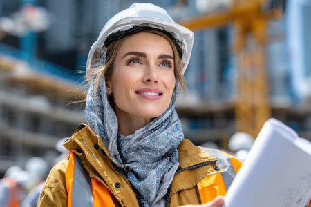 A woman in safety gear reviews plans on a busy construction site while overseeing the work around her.の素材