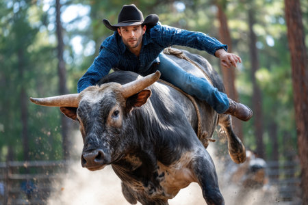 A cowboy skillfully rides a bucking bull, showing bravery and technique in a forest environment.の素材